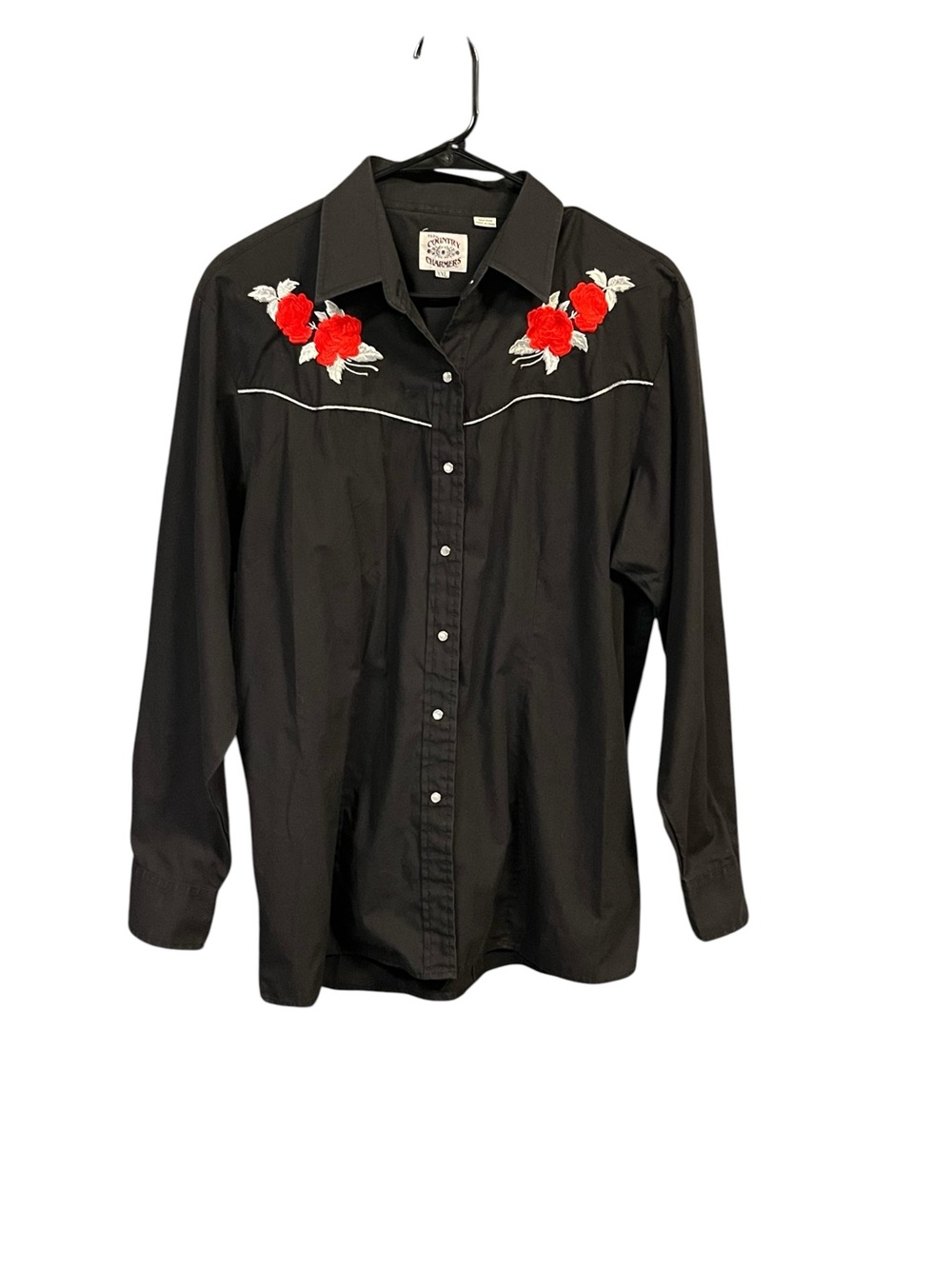 Ely Country Charmers XXL Black Western Snap Shirt Red Rose Embroidered Cowgirl